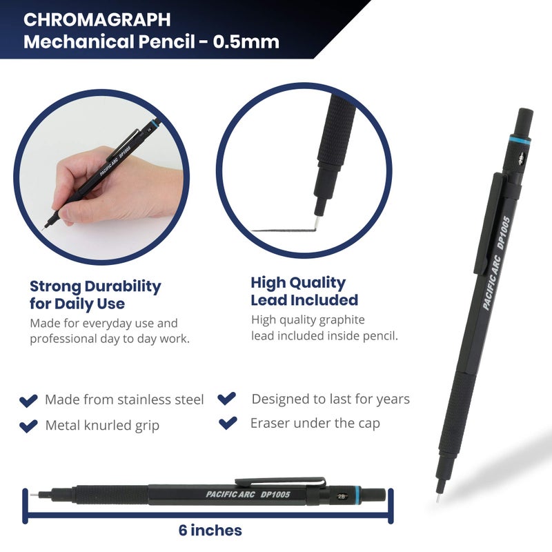 Pacific Arc Chromagraph Metal Mechanical Pencil .5 mm Black Barrel Mechanical Pencil with Built In Lead Pencil Grade Indicator, Lead Pencil Holder for Drafting, Sketching, and Drawing - Image 2